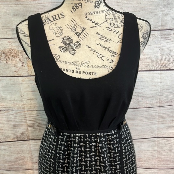 Tibi Dress Tweed Bottom Wool Bodice Size 2 Faux Leather Trim Black & White - Picture 2 of 12